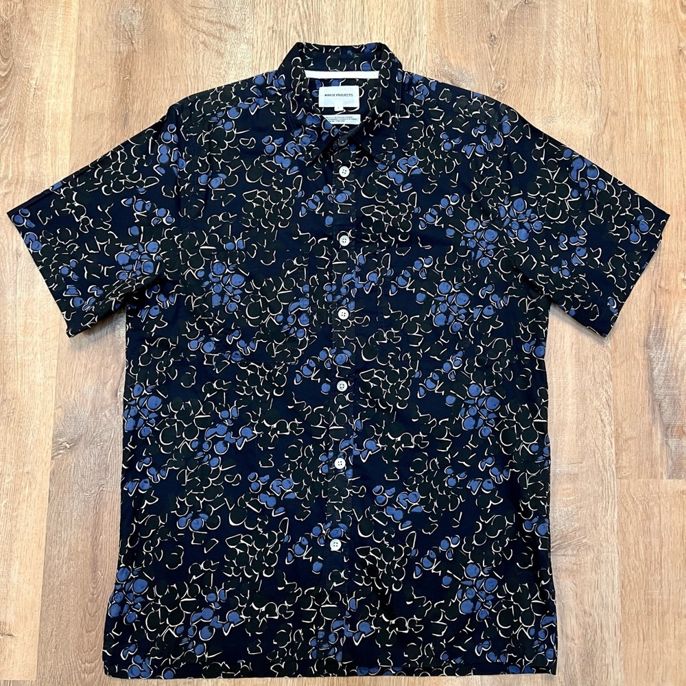 Norse Projects Blue and Black Short Sleeve Oscar Print Shirt Size Small